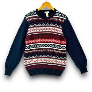 Dockers Fair Isle Cotton Knit Long Sleeve Crewneck Sweater Blue Red White Large